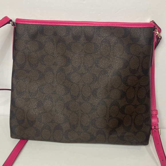 Coach Signature Print File Bag - Crossbody Dark Brown w/ Fuchsia Leather Piping - Picture 5 of 15